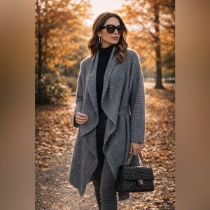 Luisa Cerano 12 grey knit open blanket cardigan sweater with belt